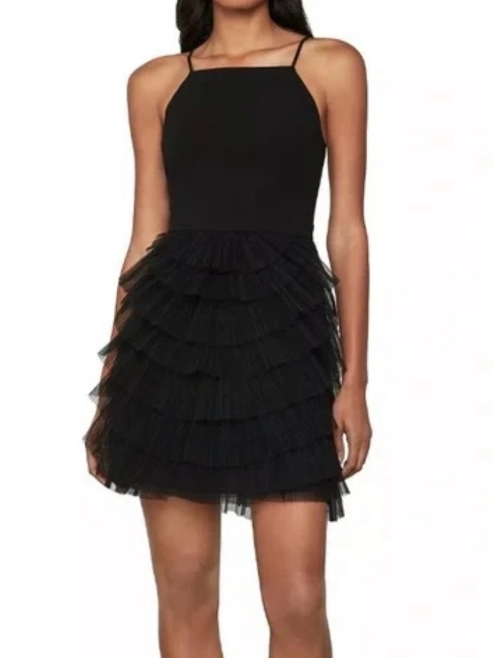 BCBGMAXAZRIA NWT "Cassandra" Black Tiered Tulle Skirt Spaghetti Strap Mini SZ 8